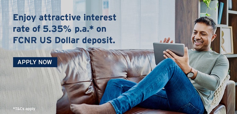 Enjoy attractive interest rate of 5.60% p.a.* on FCNR US Dollar deposit.
